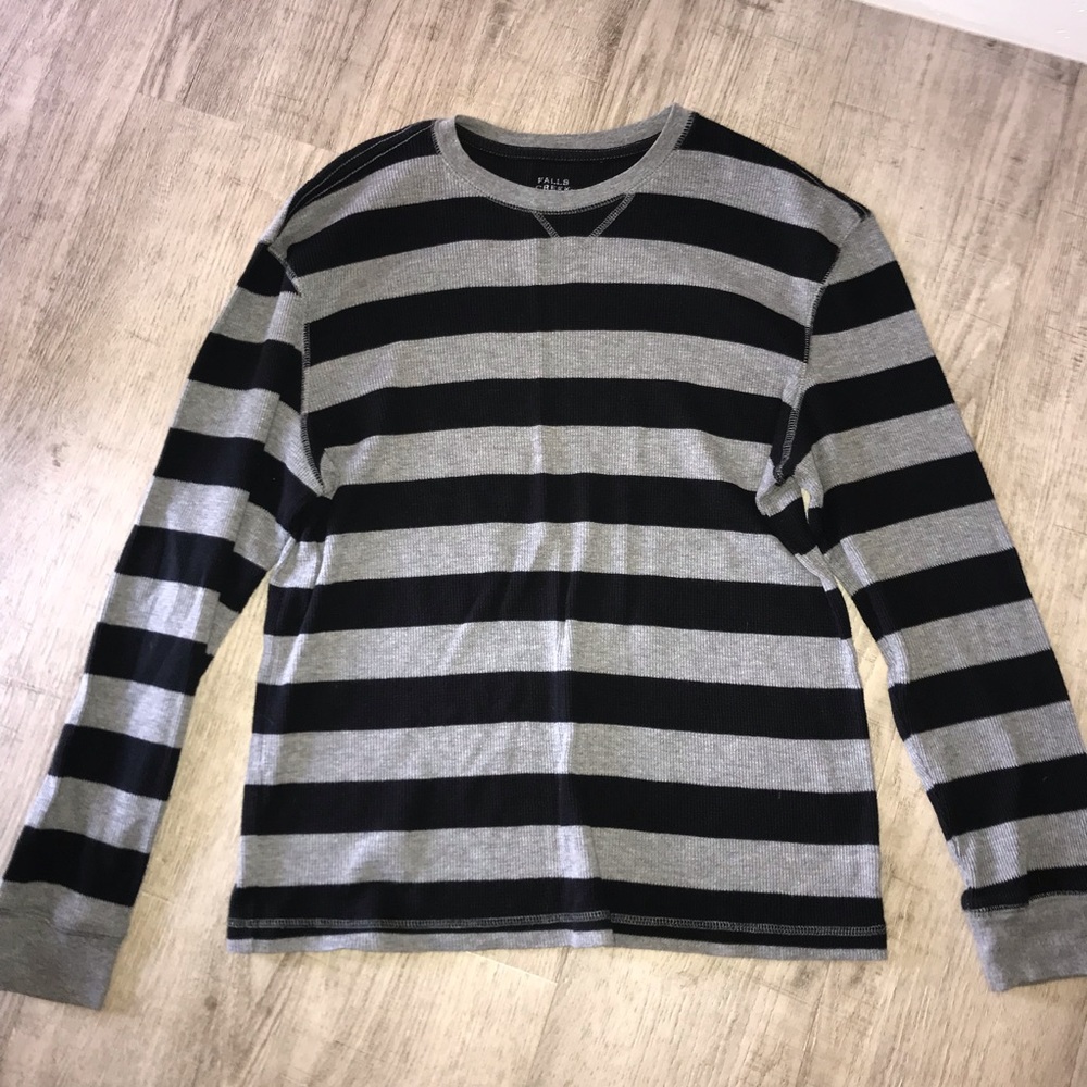 Gray and black long-sleeve striped shirt